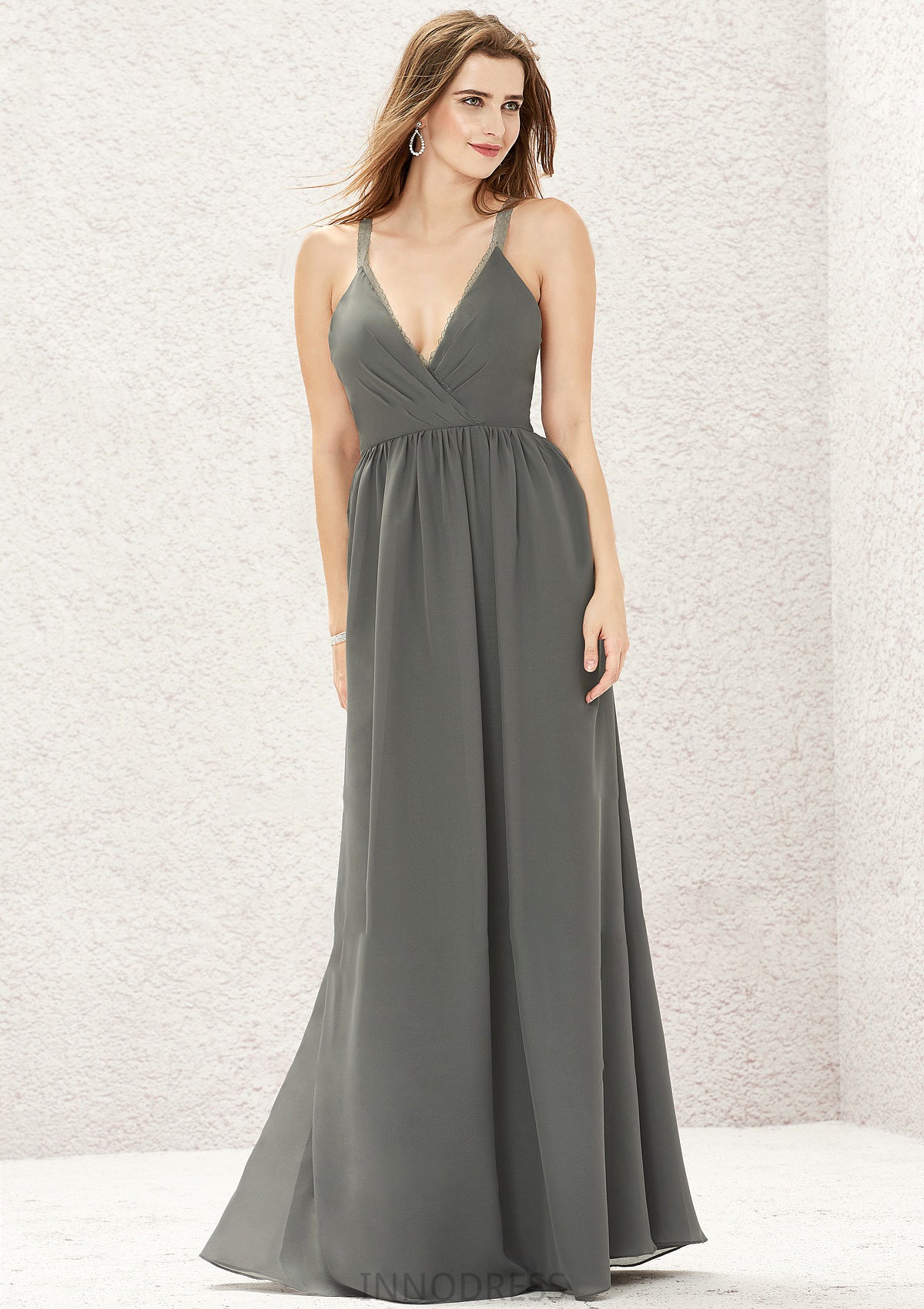 A-line V Neck Sleeveless Chiffon Long/Floor-Length Bridesmaid Dresses With Pleated Lace Alani DPP0025367