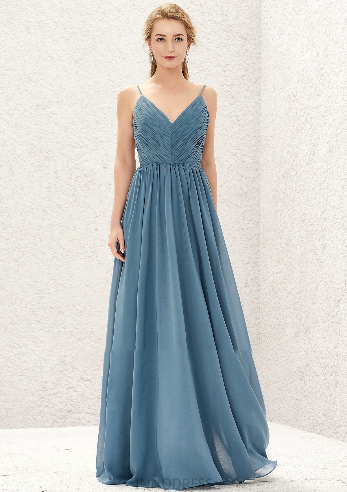 A-line V Neck Sleeveless Chiffon Long/Floor-Length Bridesmaid Dresses With Pleated Ashleigh DPP0025370