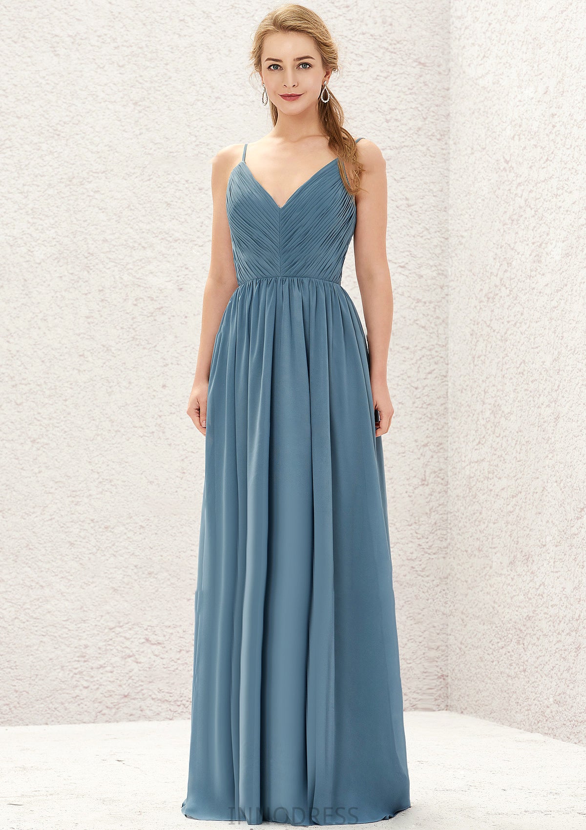 A-line V Neck Sleeveless Chiffon Long/Floor-Length Bridesmaid Dresses With Pleated Ashleigh DPP0025370