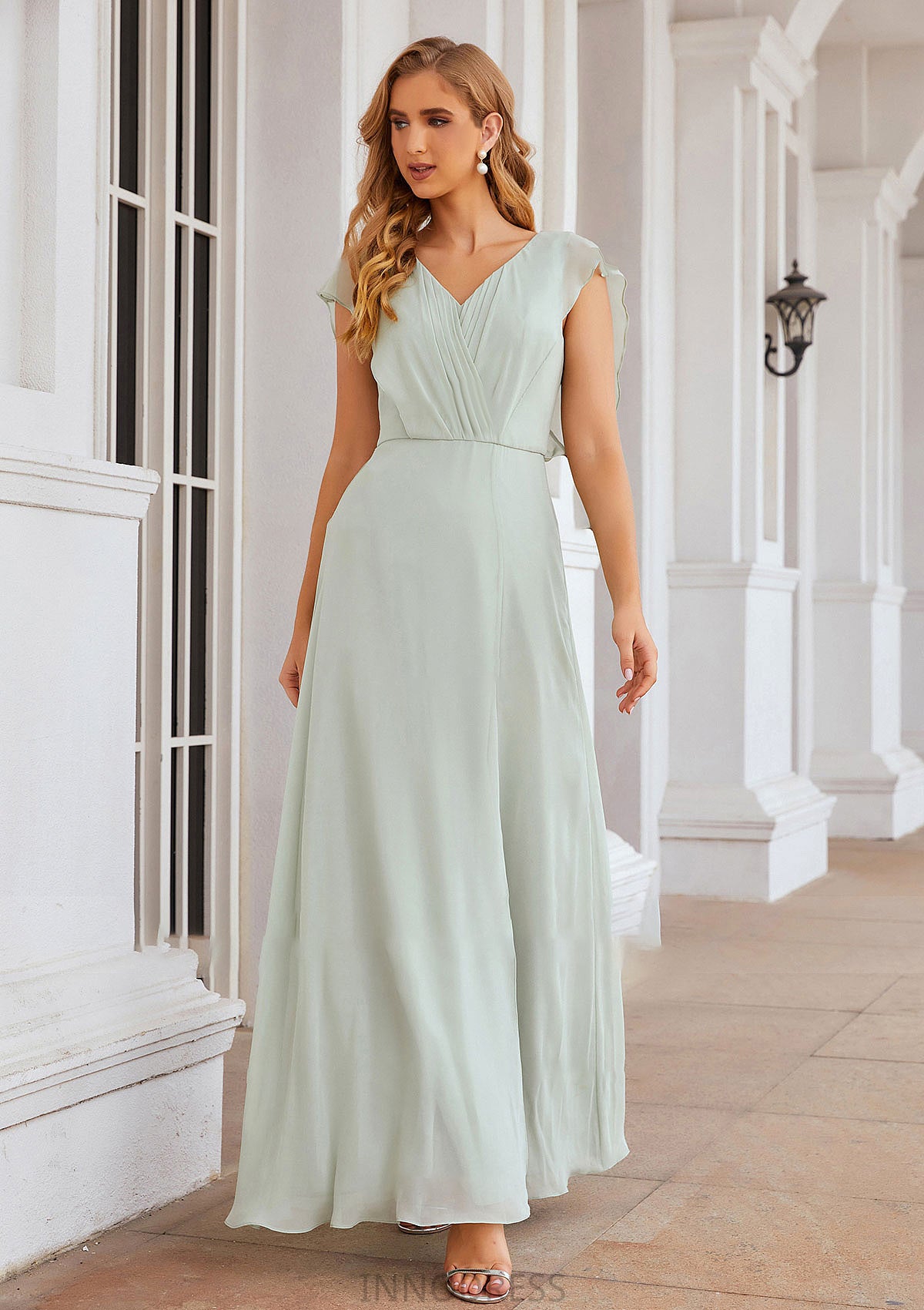 A-line V Neck Sleeveless Long/Floor-Length Chiffon Bridesmaid Dresses With Pleated Split Carolina DPP0025372