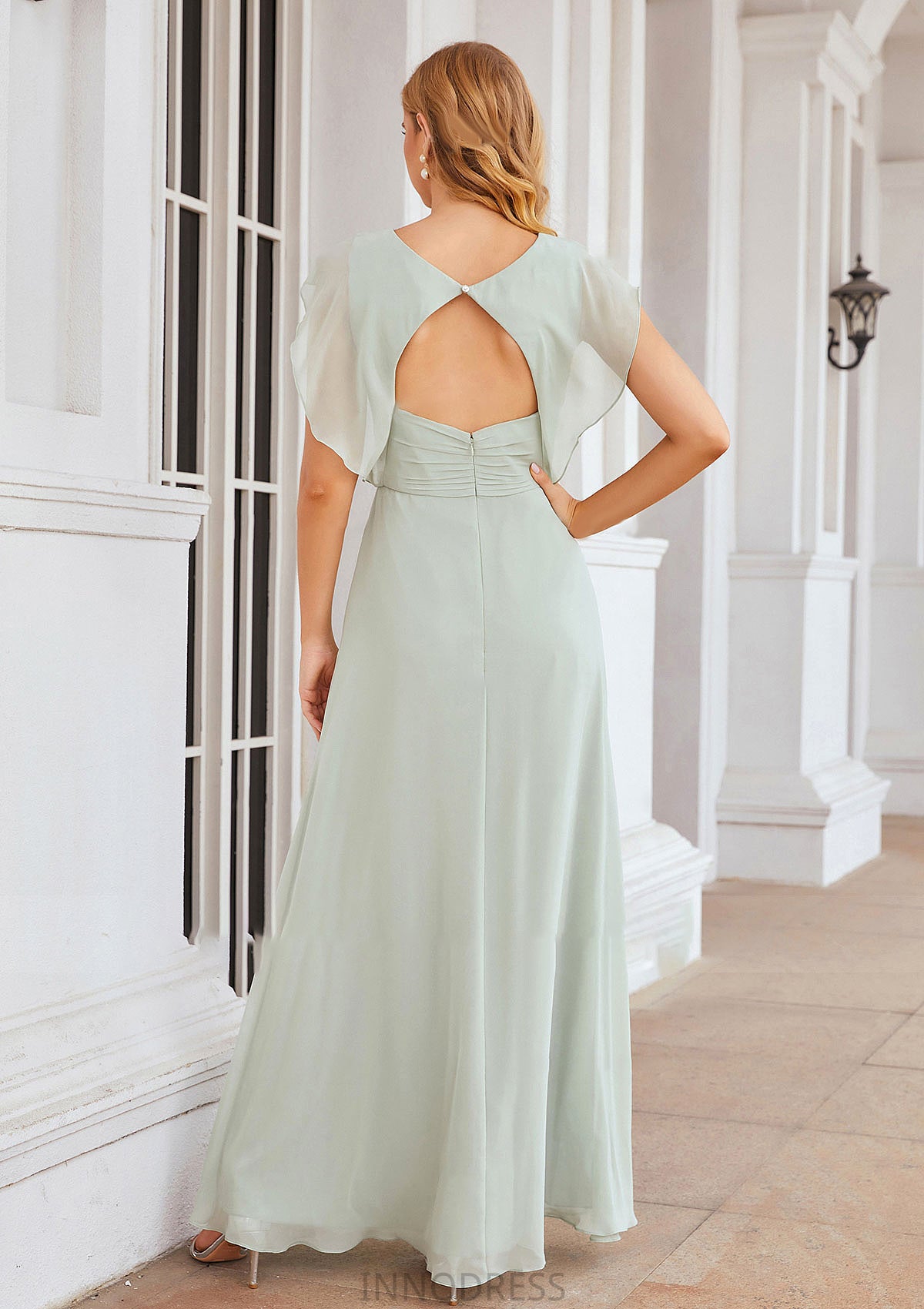 A-line V Neck Sleeveless Long/Floor-Length Chiffon Bridesmaid Dresses With Pleated Split Carolina DPP0025372