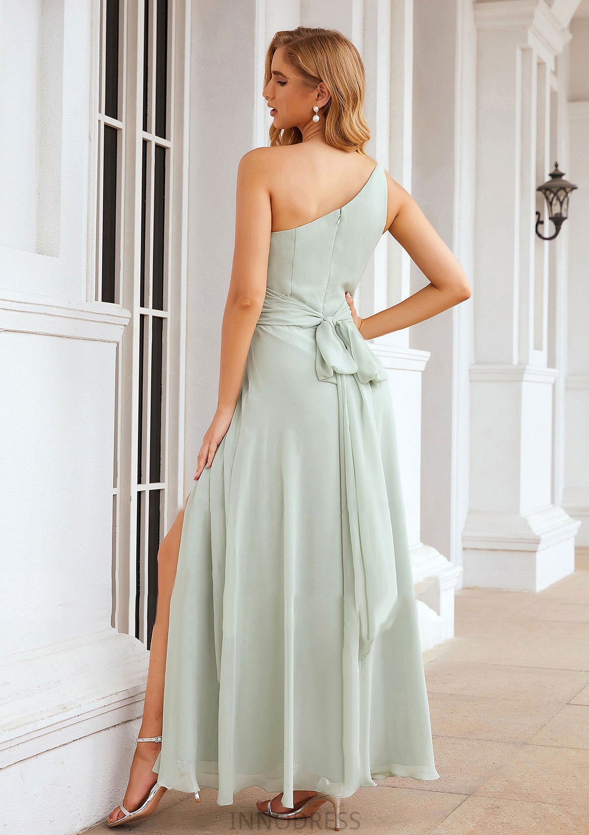 Sheath/Column One-Shoulder Sleeveless Long Chiffon Bridesmaid Dresseses With Pleated Waistband Split Selena DPP0025373