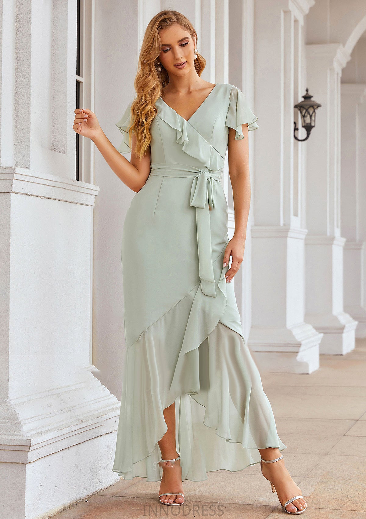 Sheath/Column V Neck Short Sleeve Asymmetrical Chiffon Bridesmaid Dresses With Ruffles Waistband Split Jaylynn DPP0025375