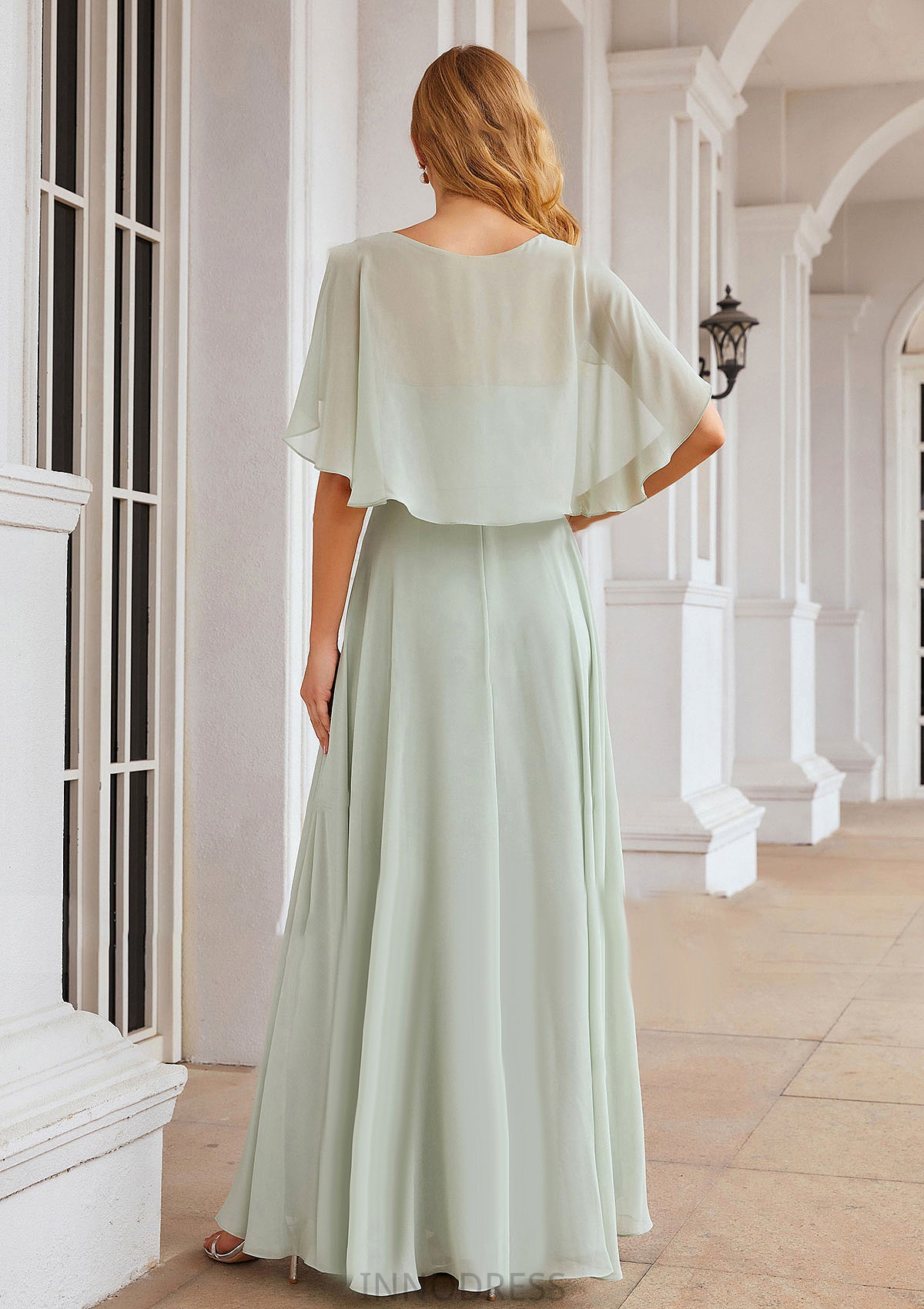 A-line V Neck Short Sleeve Long/Floor-Length Chiffon Bridesmaid Dresses Sue DPP0025376