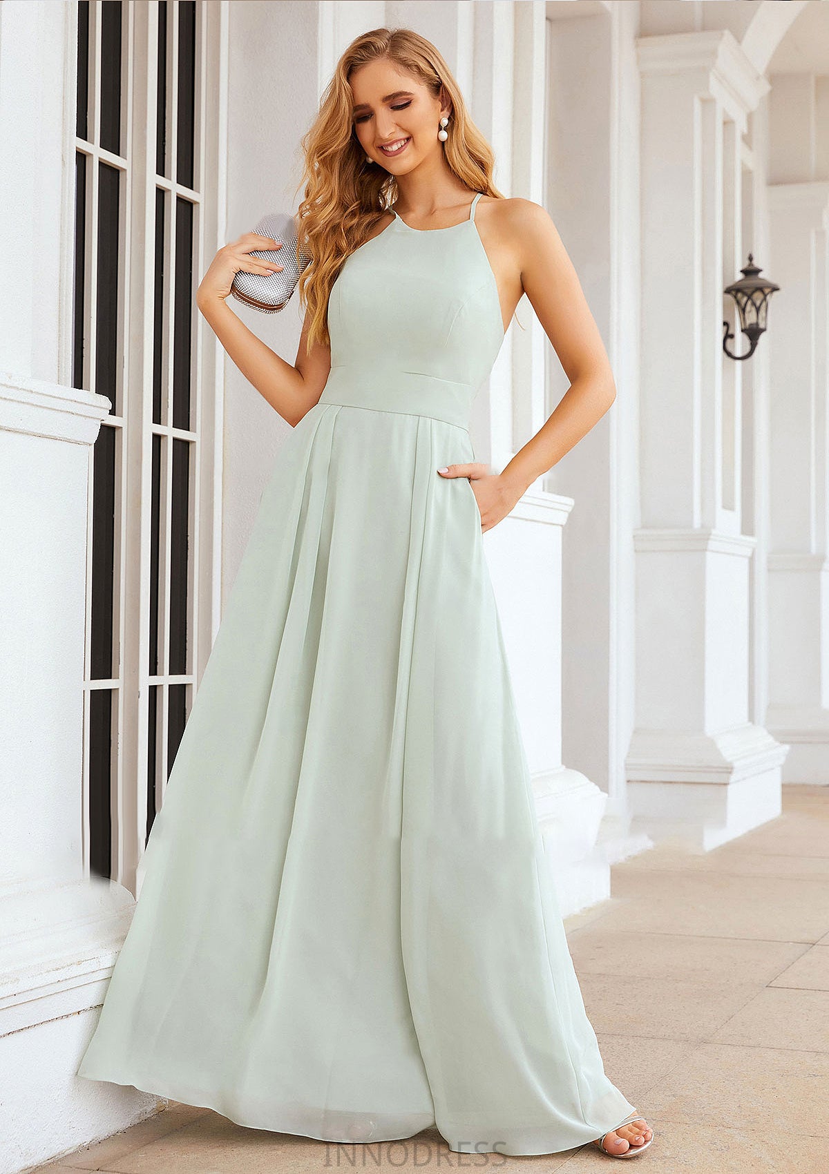 A-line Scoop Neck Sleeveless Long/Floor-Length Chiffon Bridesmaid Dresses With Pleated Pockets Hilary DPP0025378