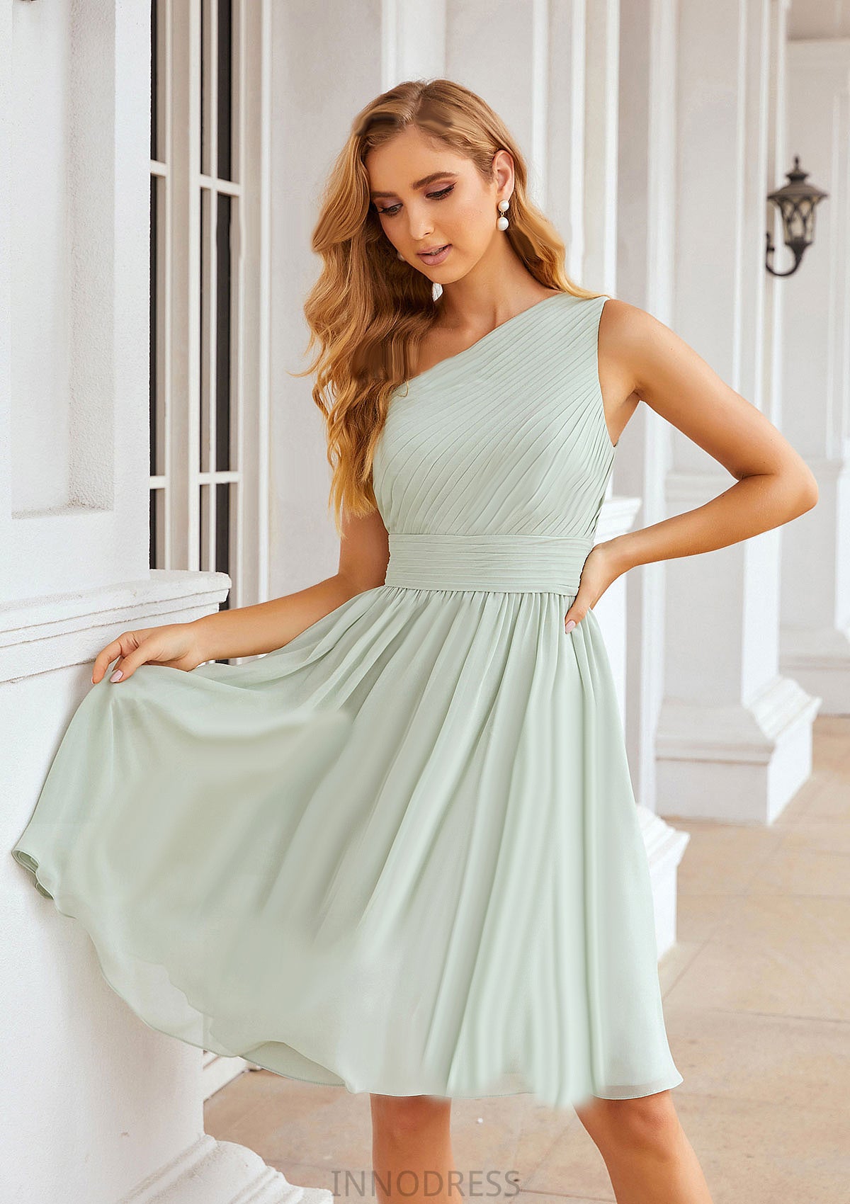 A-line One-Shoulder Sleeveless Chiffon Knee-Length Bridesmaid Dresses With Pleated Caroline DPP0025379