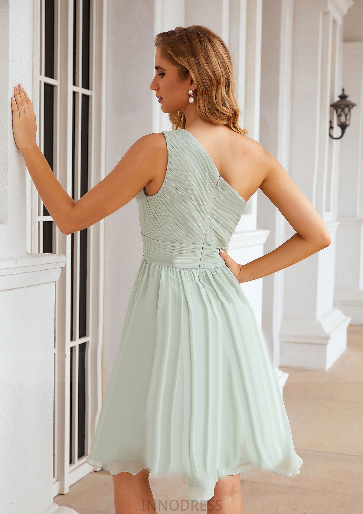 A-line One-Shoulder Sleeveless Chiffon Knee-Length Bridesmaid Dresses With Pleated Caroline DPP0025379