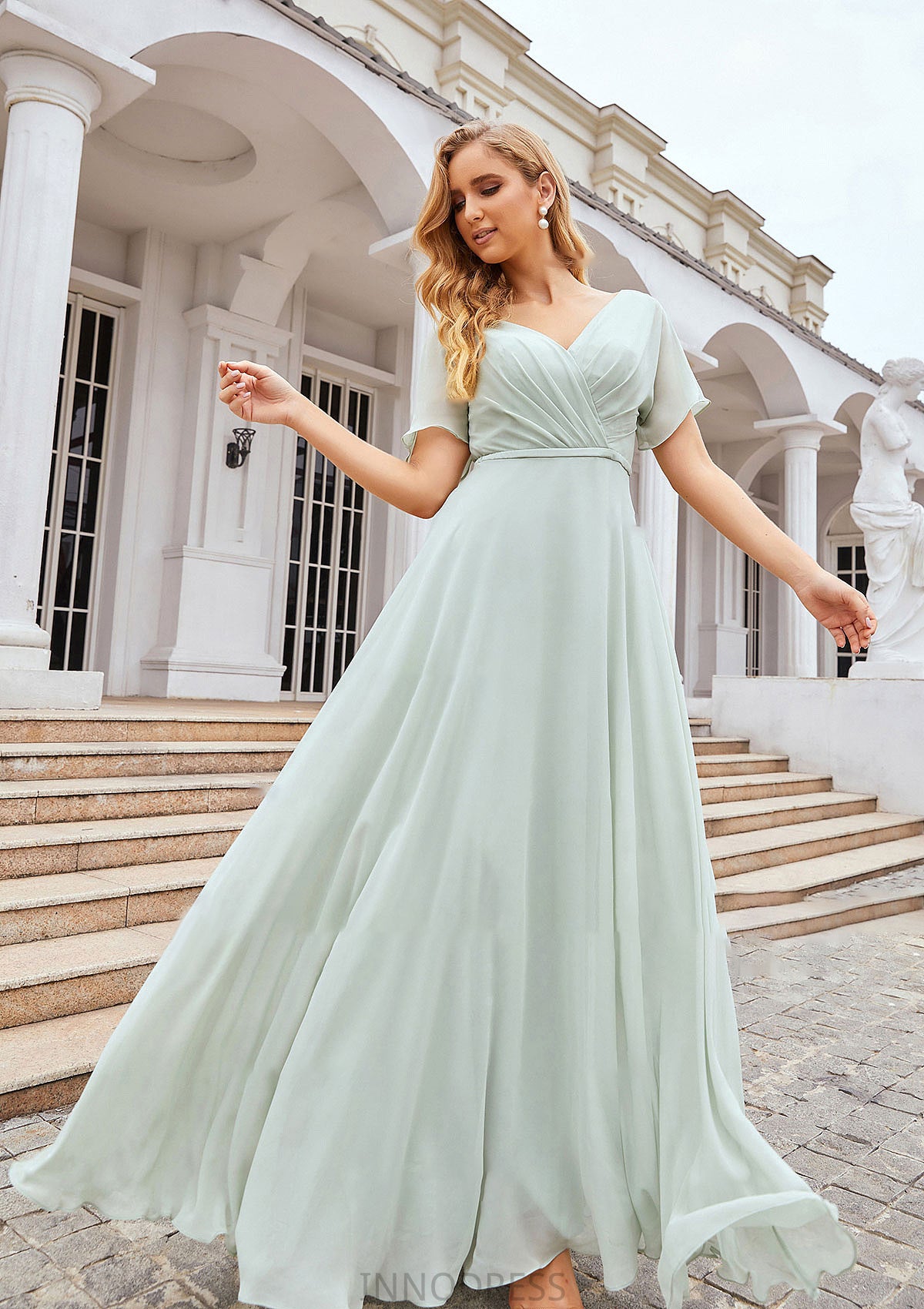 A-line V Neck Short Sleeve Chiffon Long/Floor-Length Bridesmaid Dresses With Pleated Waistband Gemma DPP0025381