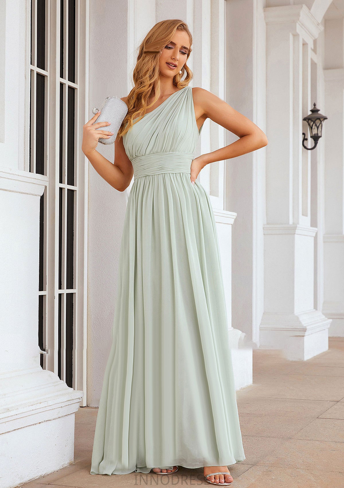 A-line One-Shoulder Sleeveless Chiffon Long/Floor-Length Bridesmaid Dresses With Pleated Dania DPP0025382