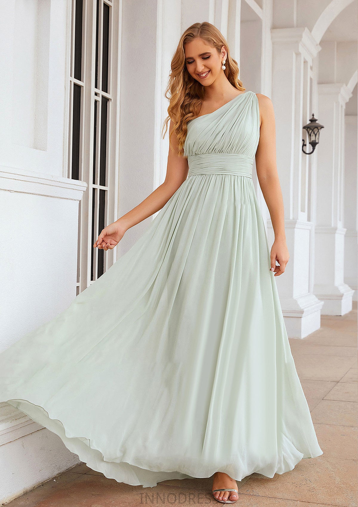 A-line One-Shoulder Sleeveless Chiffon Long/Floor-Length Bridesmaid Dresses With Pleated Dania DPP0025382