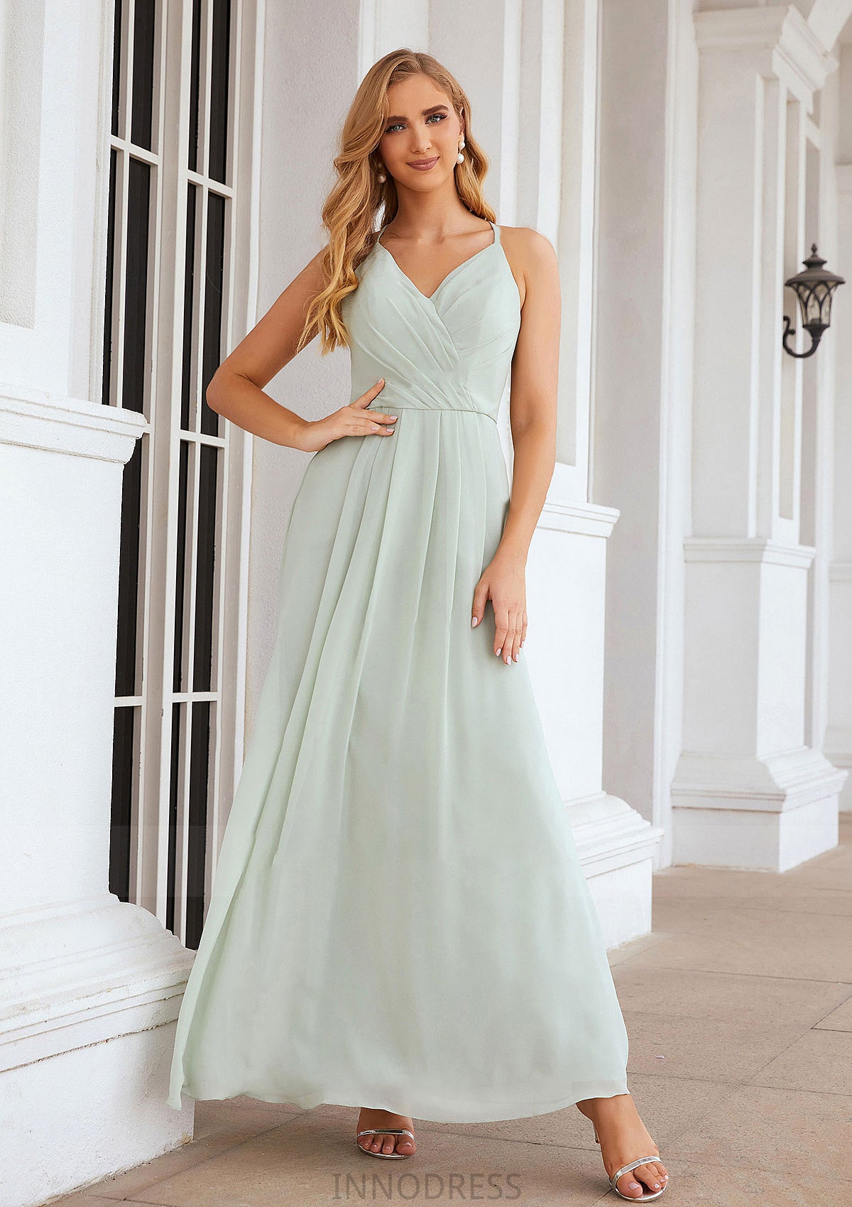 A-line V Neck Sleeveless Chiffon Long/Floor-Length Bridesmaid Dresses With Pleated Lucy DPP0025385