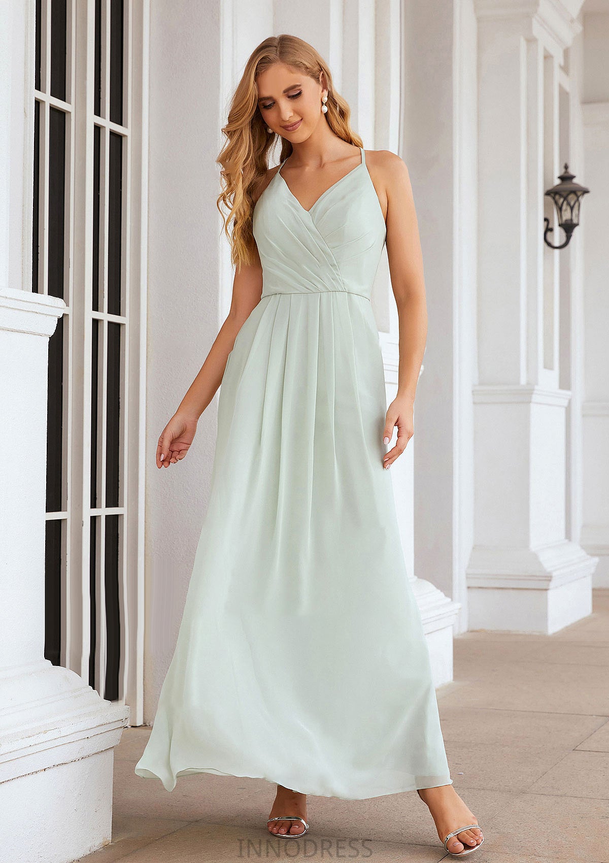 A-line V Neck Sleeveless Chiffon Long/Floor-Length Bridesmaid Dresses With Pleated Lucy DPP0025385