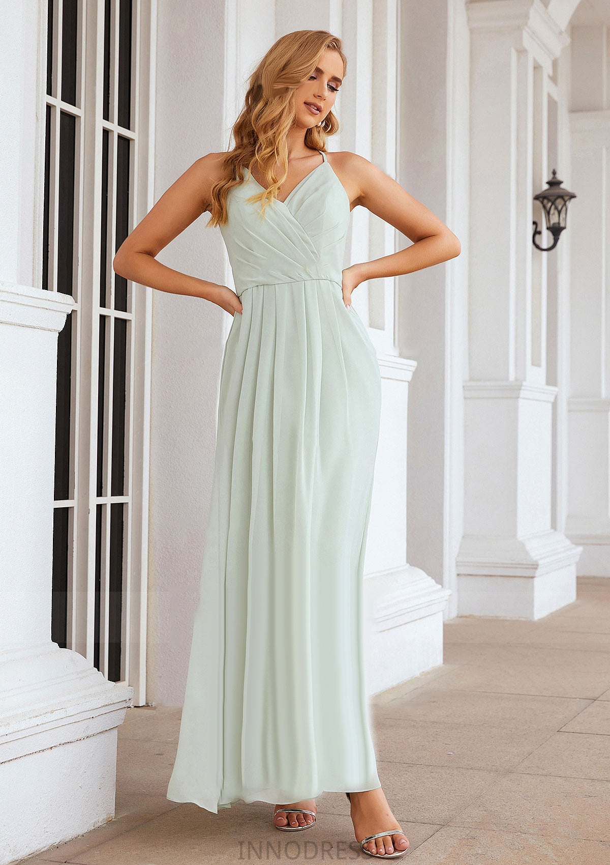 A-line V Neck Sleeveless Chiffon Long/Floor-Length Bridesmaid Dresses With Pleated Lucy DPP0025385