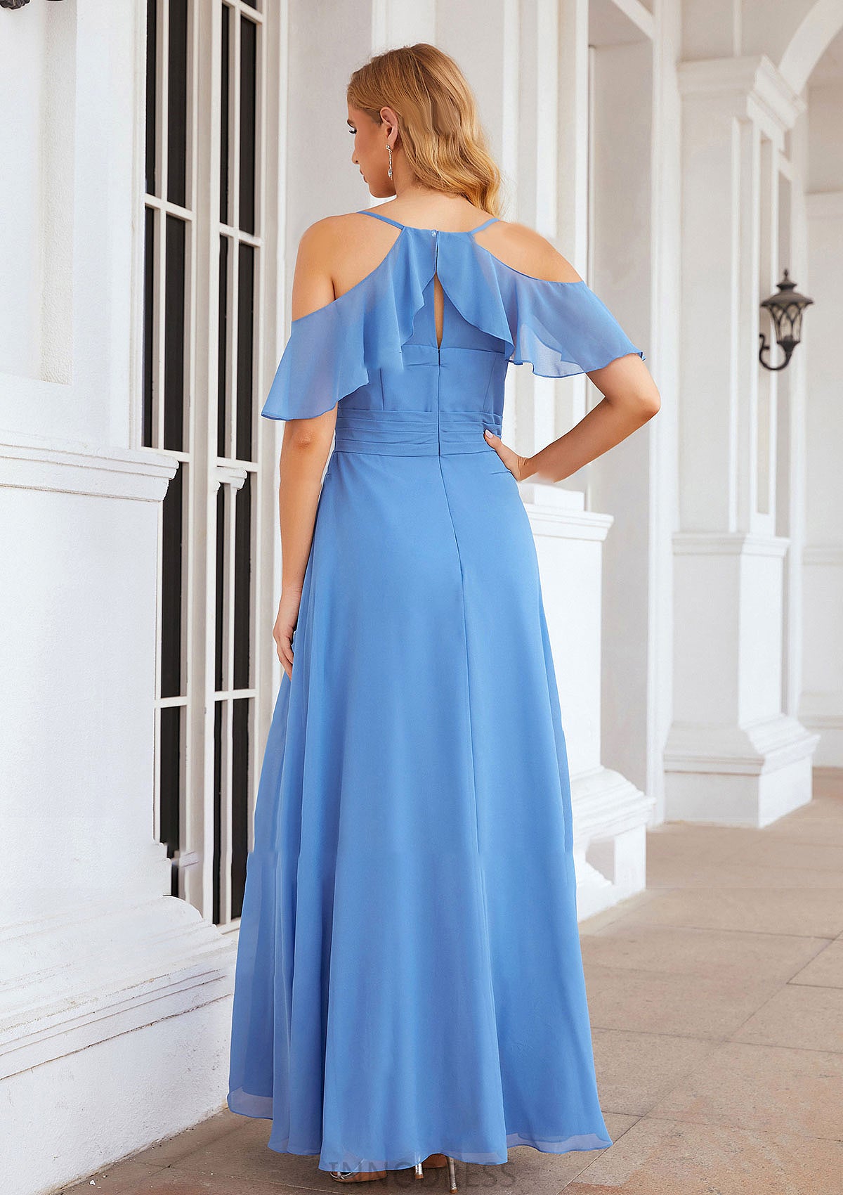 A-line V Neck Sleeveless Chiffon Long/Floor-Length Bridesmaid Dresses With Pleated Split Imani DPP0025388