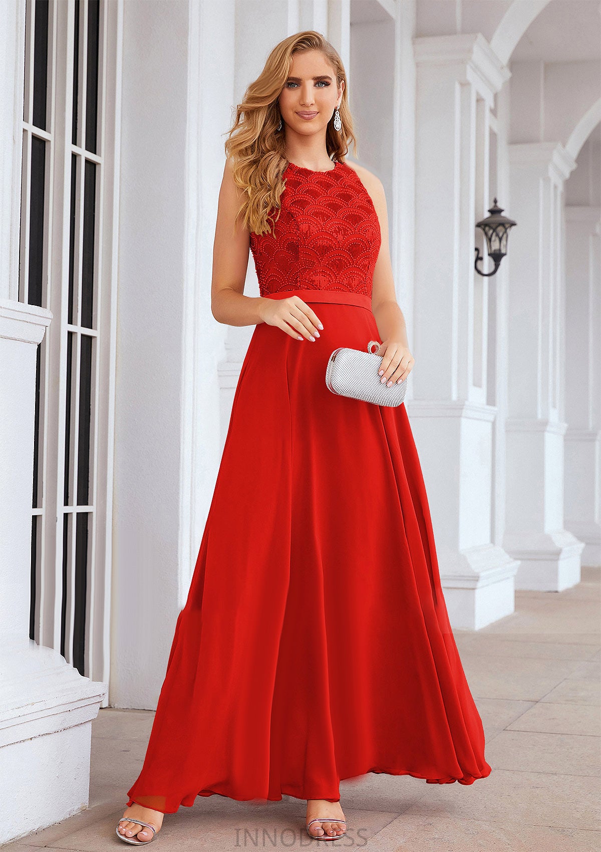 A-line Empire Scalloped Neck Sleeveless Chiffon Long/Floor-Length Bridesmaid Dresses With Beading Sequins Adrienne DPP0025392