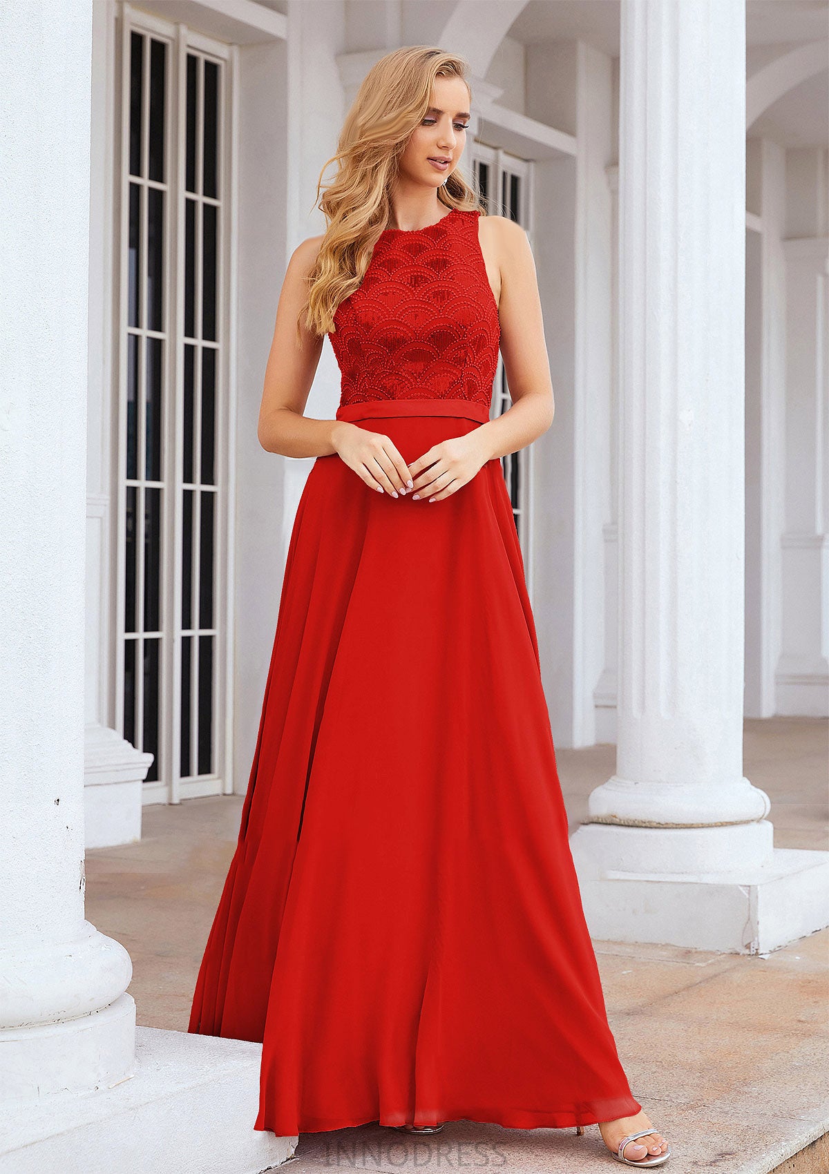 A-line Empire Scalloped Neck Sleeveless Chiffon Long/Floor-Length Bridesmaid Dresses With Beading Sequins Adrienne DPP0025392