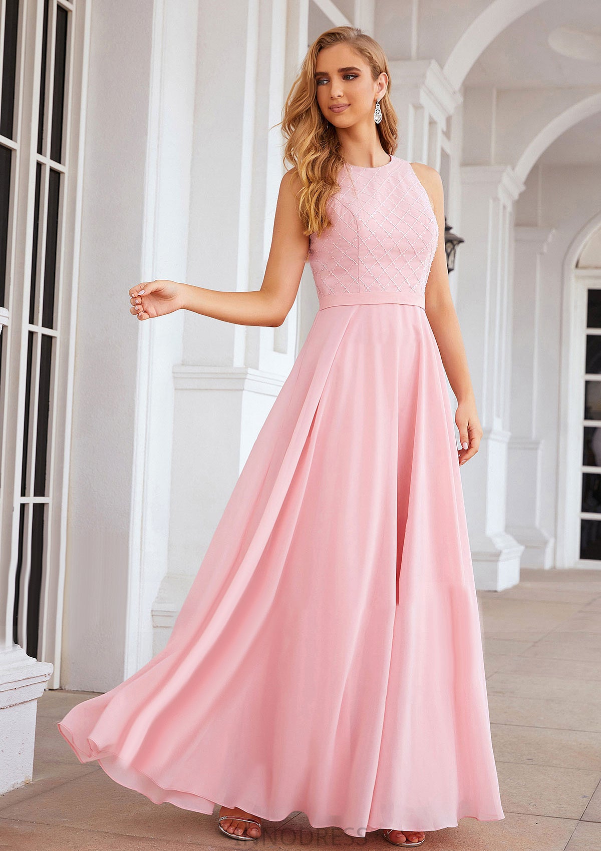 A-line Scalloped Neck Sleeveless Chiffon Long/Floor-Length Bridesmaid Dresses With Beading Jaidyn DPP0025393