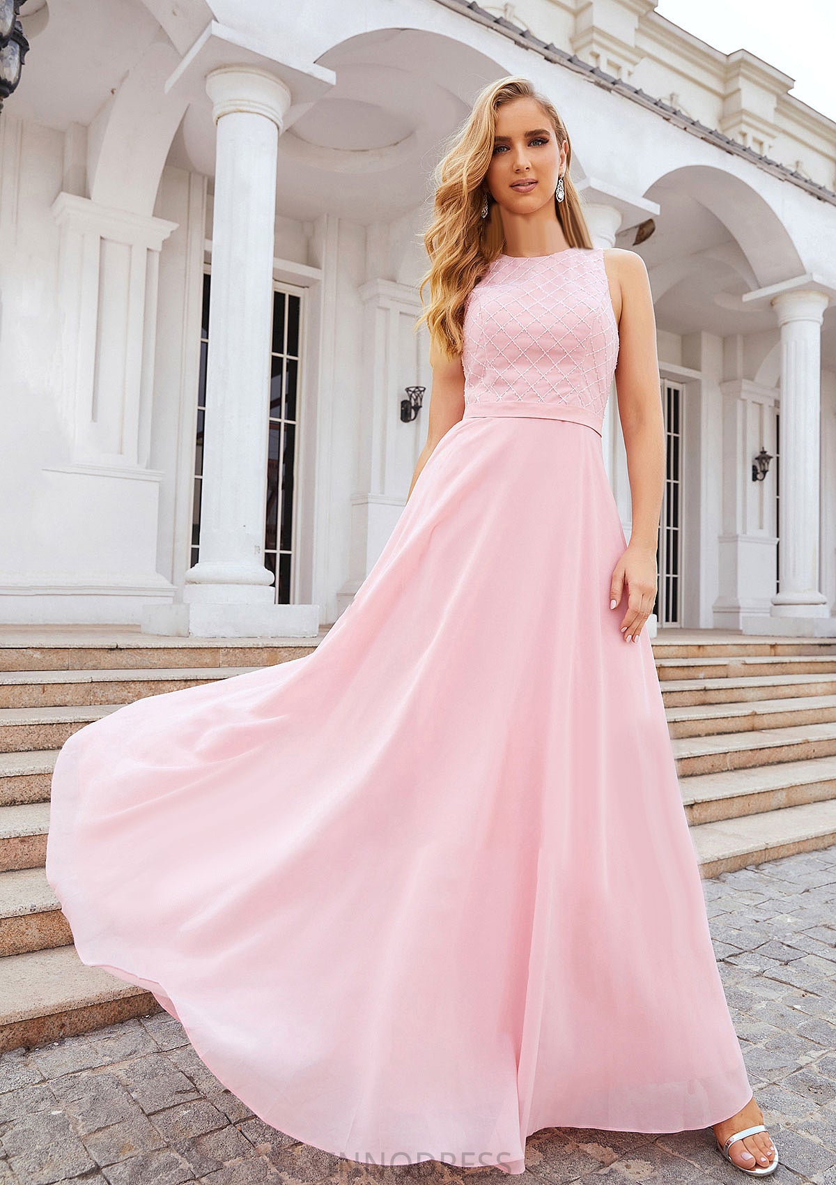 A-line Scalloped Neck Sleeveless Chiffon Long/Floor-Length Bridesmaid Dresses With Beading Jaidyn DPP0025393