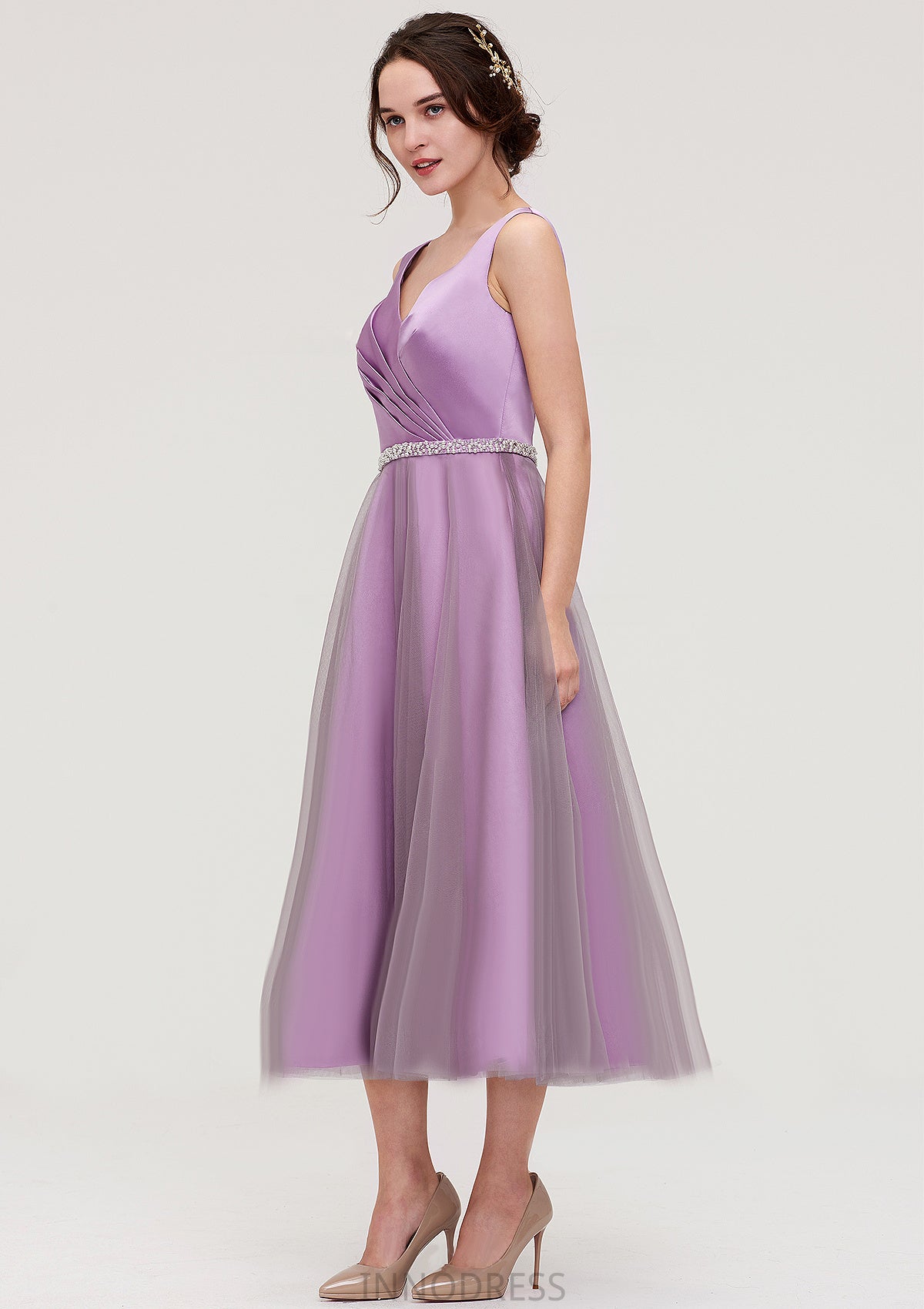 V Neck Sleeveless Tulle Tea-Length A-line/Princess Bridesmaid Dresses With Waistband Beading Pleated Clarissa DPP0025395