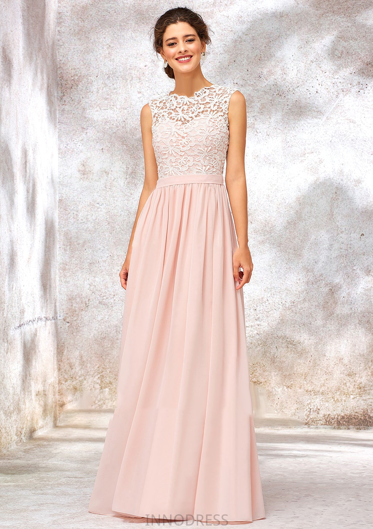 Scoop Neck Sleeveless Long/Floor-Length Chiffon A-line/Princess Bridesmaid Dresses With Lace Marisol DPP0025398