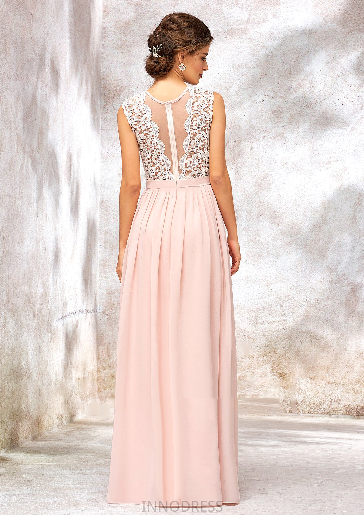 Scoop Neck Sleeveless Long/Floor-Length Chiffon A-line/Princess Bridesmaid Dresses With Lace Marisol DPP0025398