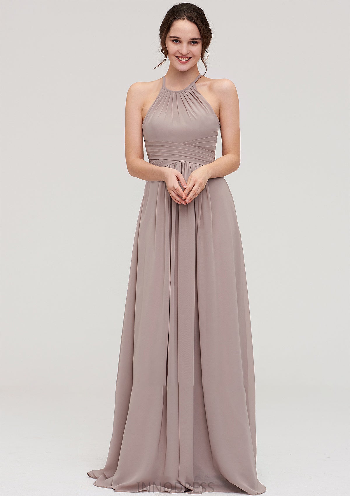 Scoop Neck Sleeveless A-line/Princess Chiffon Long/Floor-Length Bridesmaid Dresseses With Pleated Marcia DPP0025399