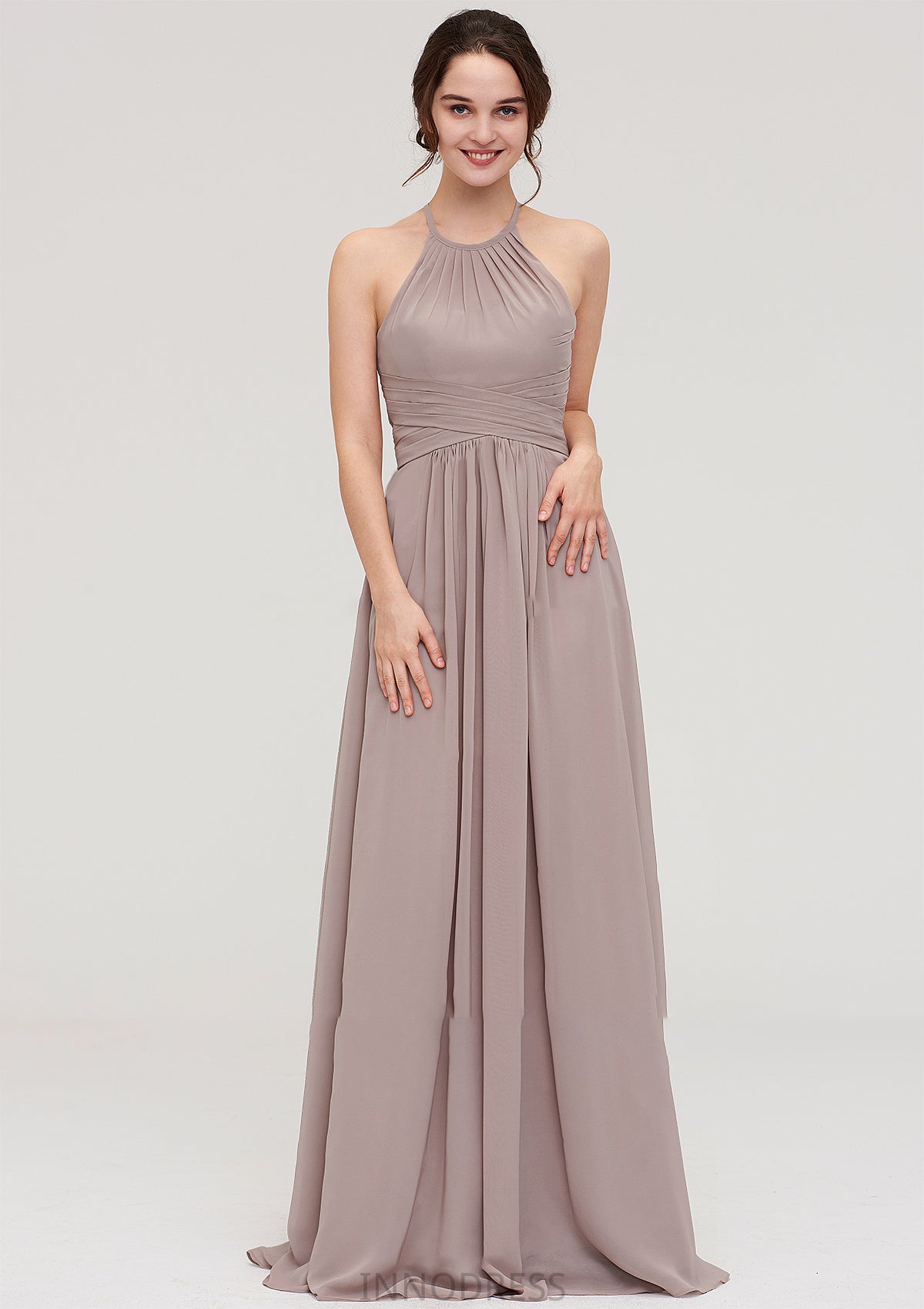 Scoop Neck Sleeveless A-line/Princess Chiffon Long/Floor-Length Bridesmaid Dresseses With Pleated Marcia DPP0025399