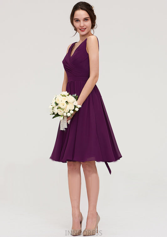 Sleeveless V Neck Chiffon A-line/Princess Knee-Length Bridesmaid Dresses With Pleated Destinee DPP0025401