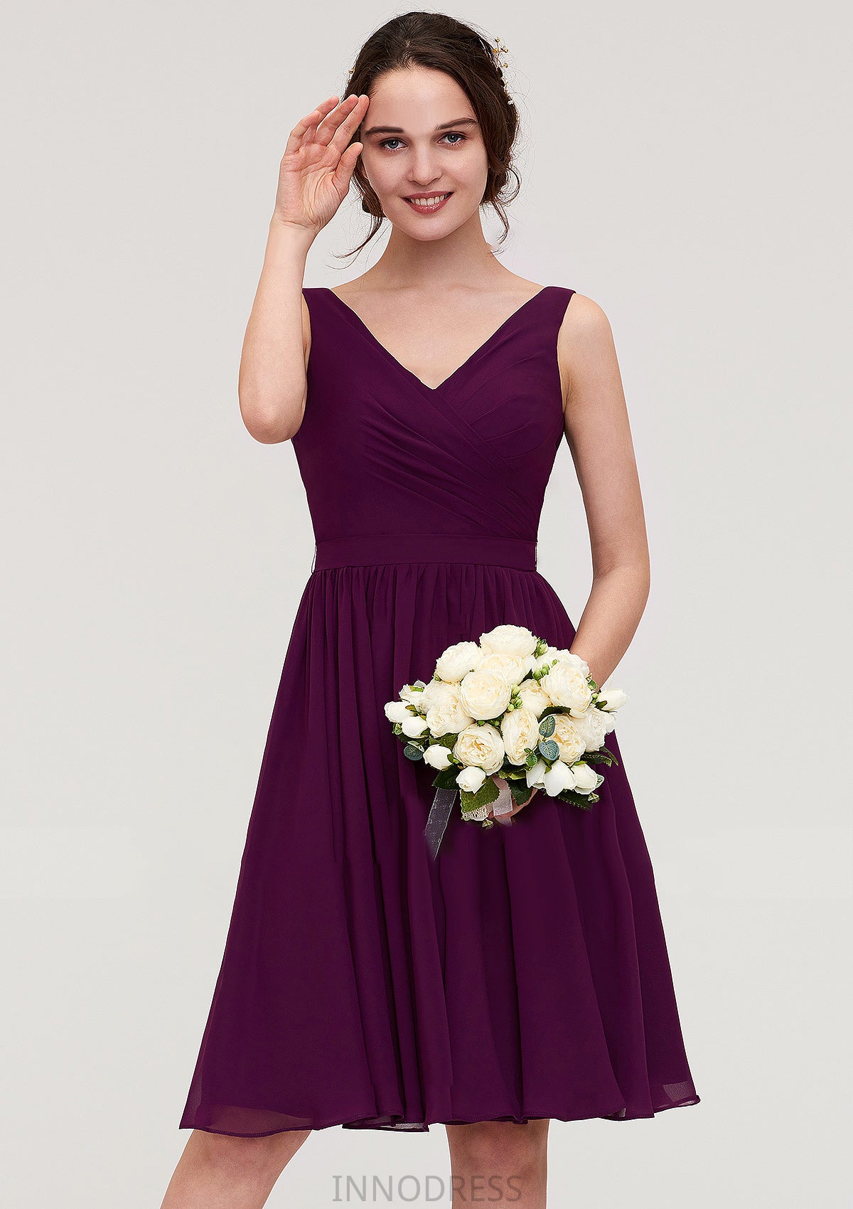 Sleeveless V Neck Chiffon A-line/Princess Knee-Length Bridesmaid Dresses With Pleated Destinee DPP0025401