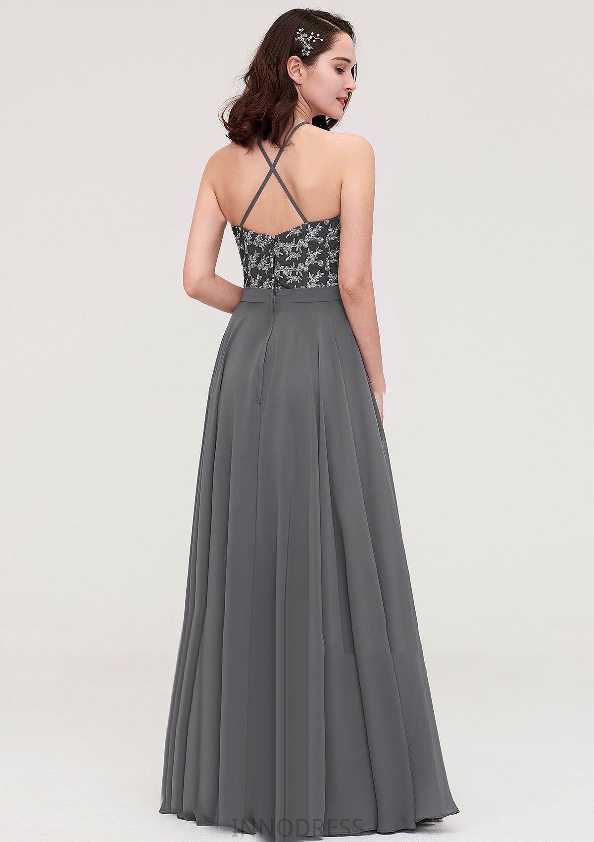 A-line/Princess Halter Long/Floor-Length Chiffon A-line/Princess Bridesmaid Dresses With Appliqued Karli DPP0025402