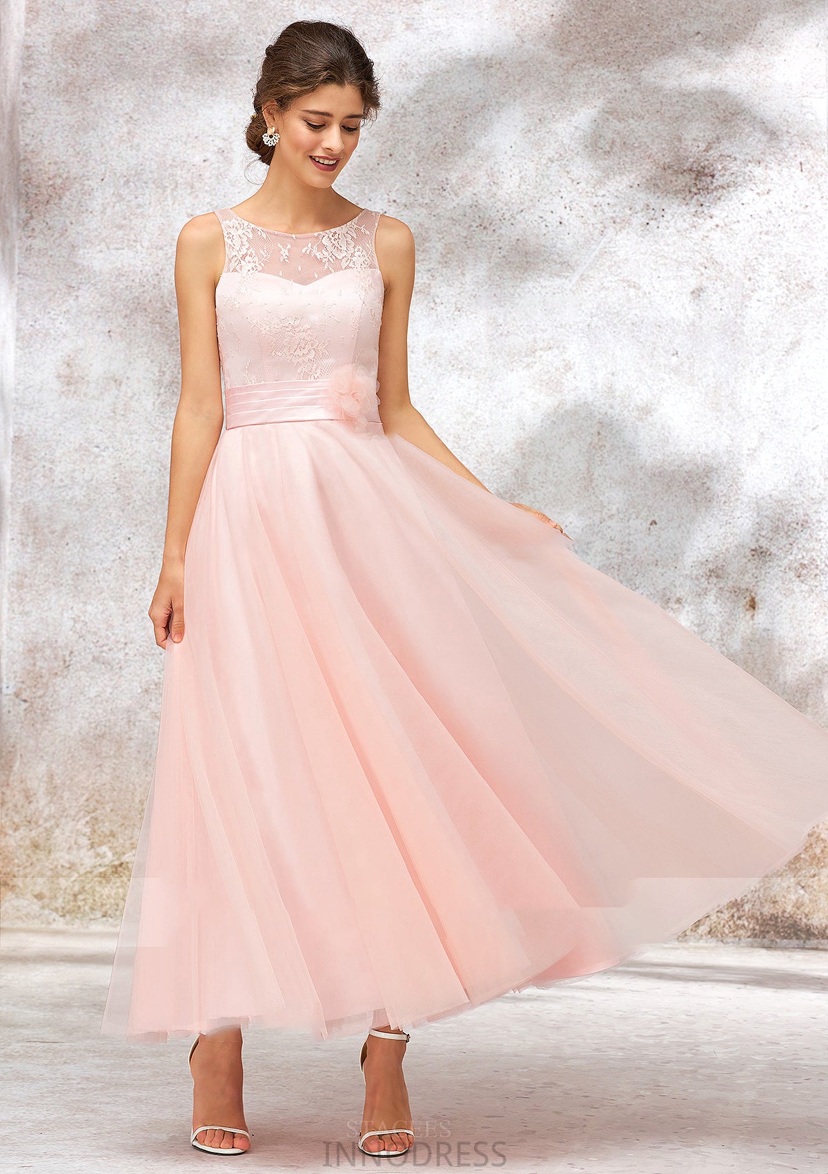 Bateau Sleeveless Tea-Length Tulle A-line/Princess Bridesmaid Dresses With Waistband Lace Cassidy DPP0025403