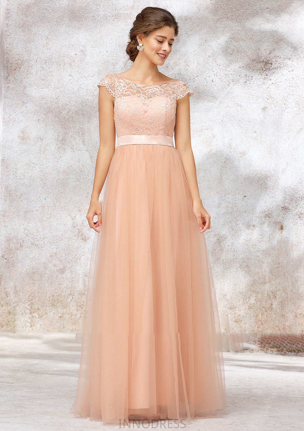 Sleeveless Bateau Long/Floor-Length Tulle A-line/Princess Bridesmaid Dresses With Sashes Lace Jaylen DPP0025405