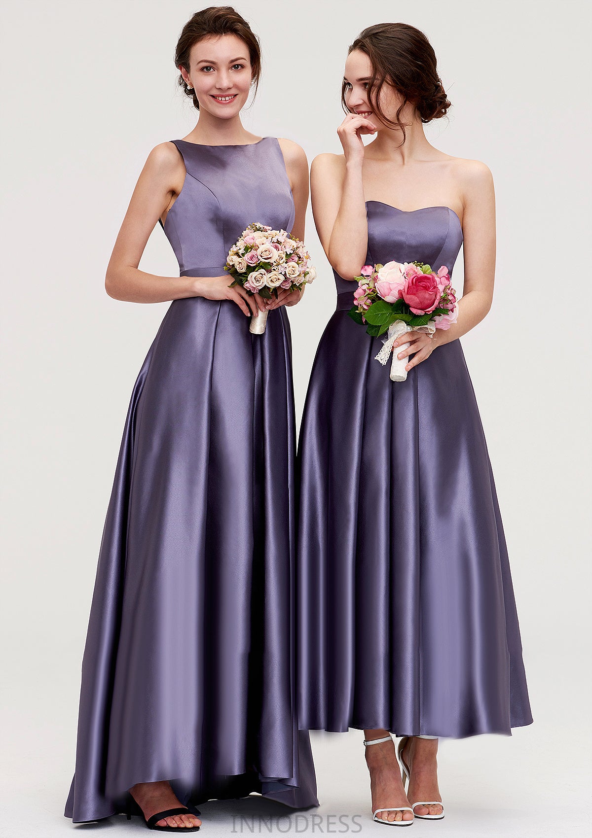 Sleeveless Bateau Ankle-Length Satin A-line/Princess Bridesmaid Dresses With Pleated Hadley DPP0025409