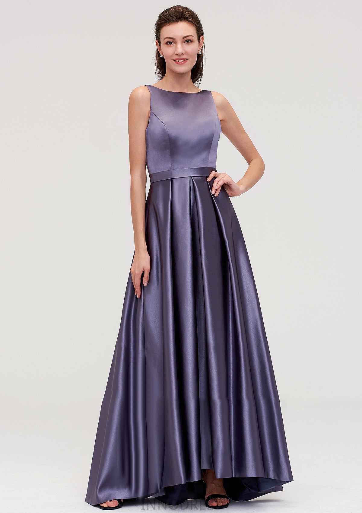 Sleeveless Bateau Ankle-Length Satin A-line/Princess Bridesmaid Dresses With Pleated Hadley DPP0025409