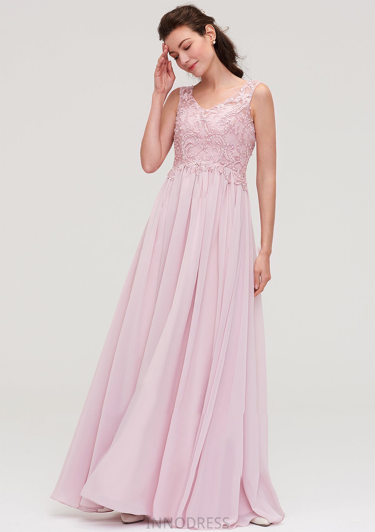 Sleeveless V Neck A-line/Princess Chiffon Long/Floor-Length Bridesmaid Dresseses With Beading Appliqued Jessica DPP0025410