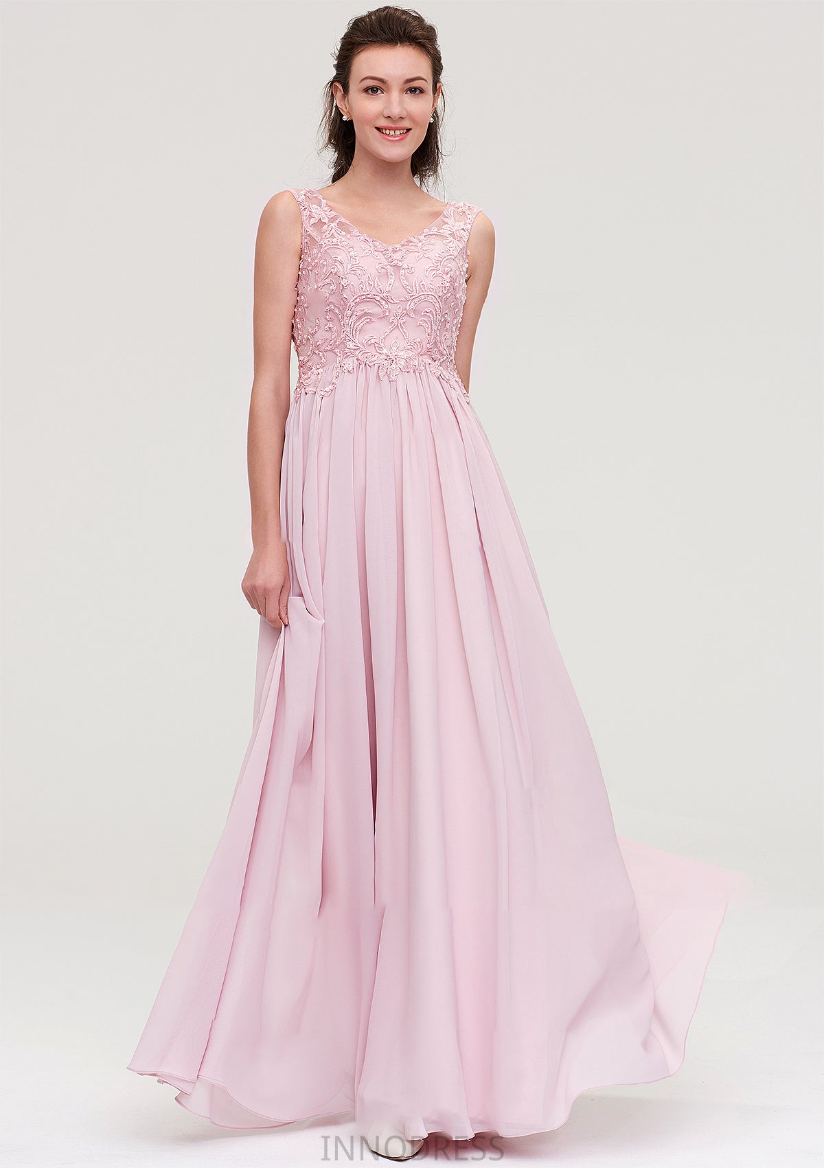 Sleeveless V Neck A-line/Princess Chiffon Long/Floor-Length Bridesmaid Dresseses With Beading Appliqued Jessica DPP0025410