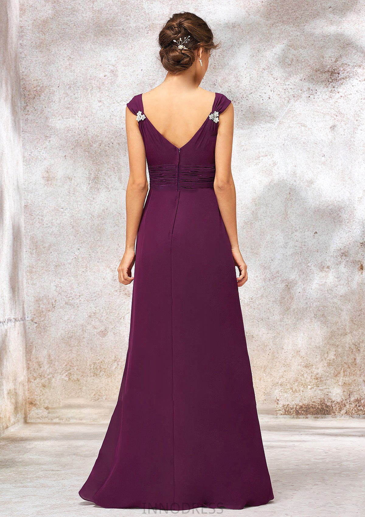 V Neck Sleeveless Long/Floor-Length Sheath/Column Chiffon Bridesmaid Dresses With Sashes Pleated Beading Miranda DPP0025412