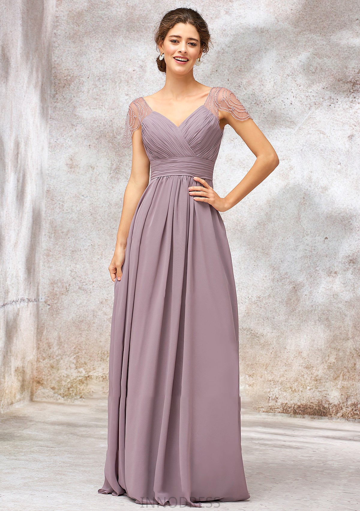 V Neck Long/Floor-Length Chiffon A-line/Princess Bridesmaid Dresses With Pleated Beading Felicity DPP0025416