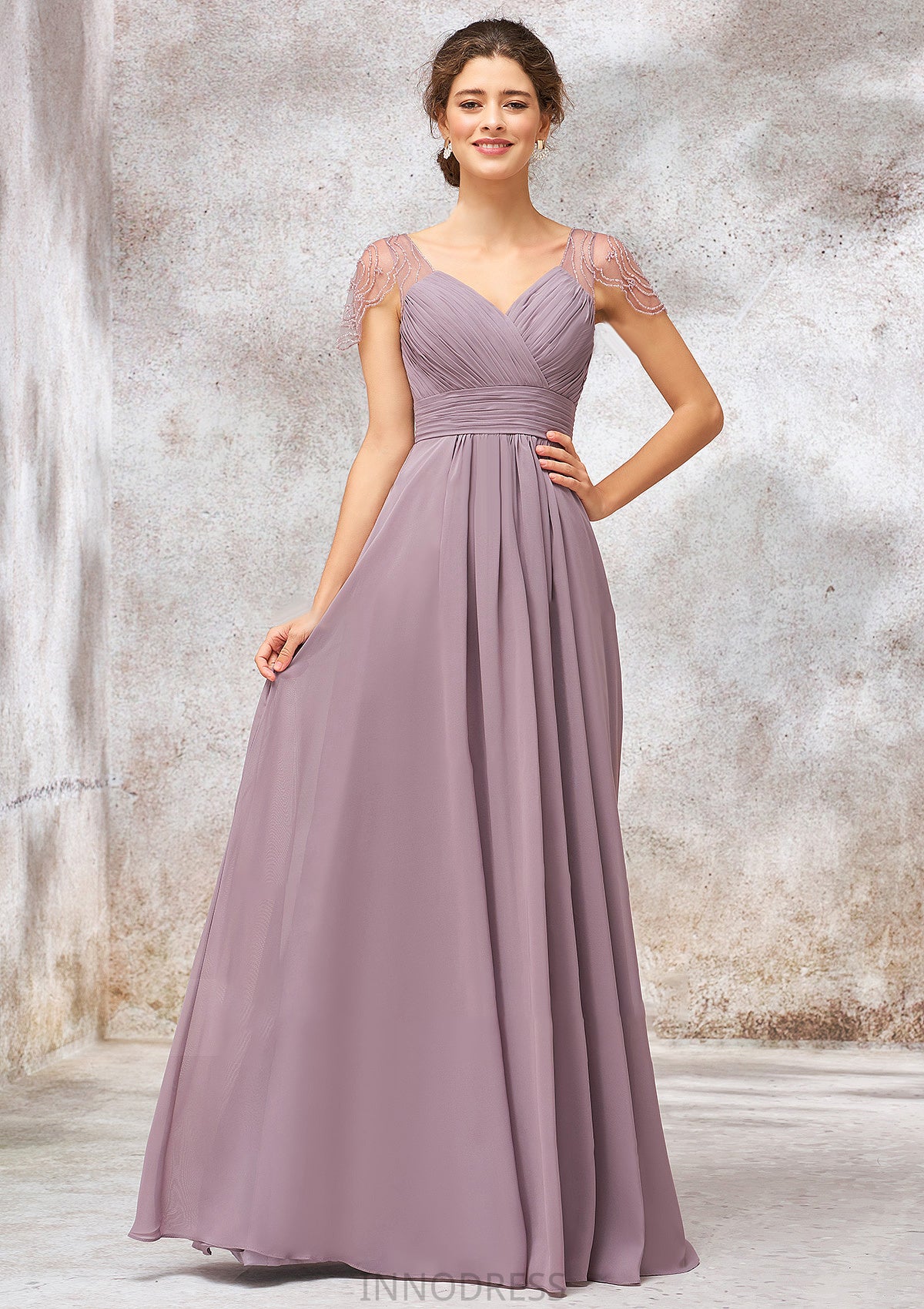 V Neck Long/Floor-Length Chiffon A-line/Princess Bridesmaid Dresses With Pleated Beading Felicity DPP0025416