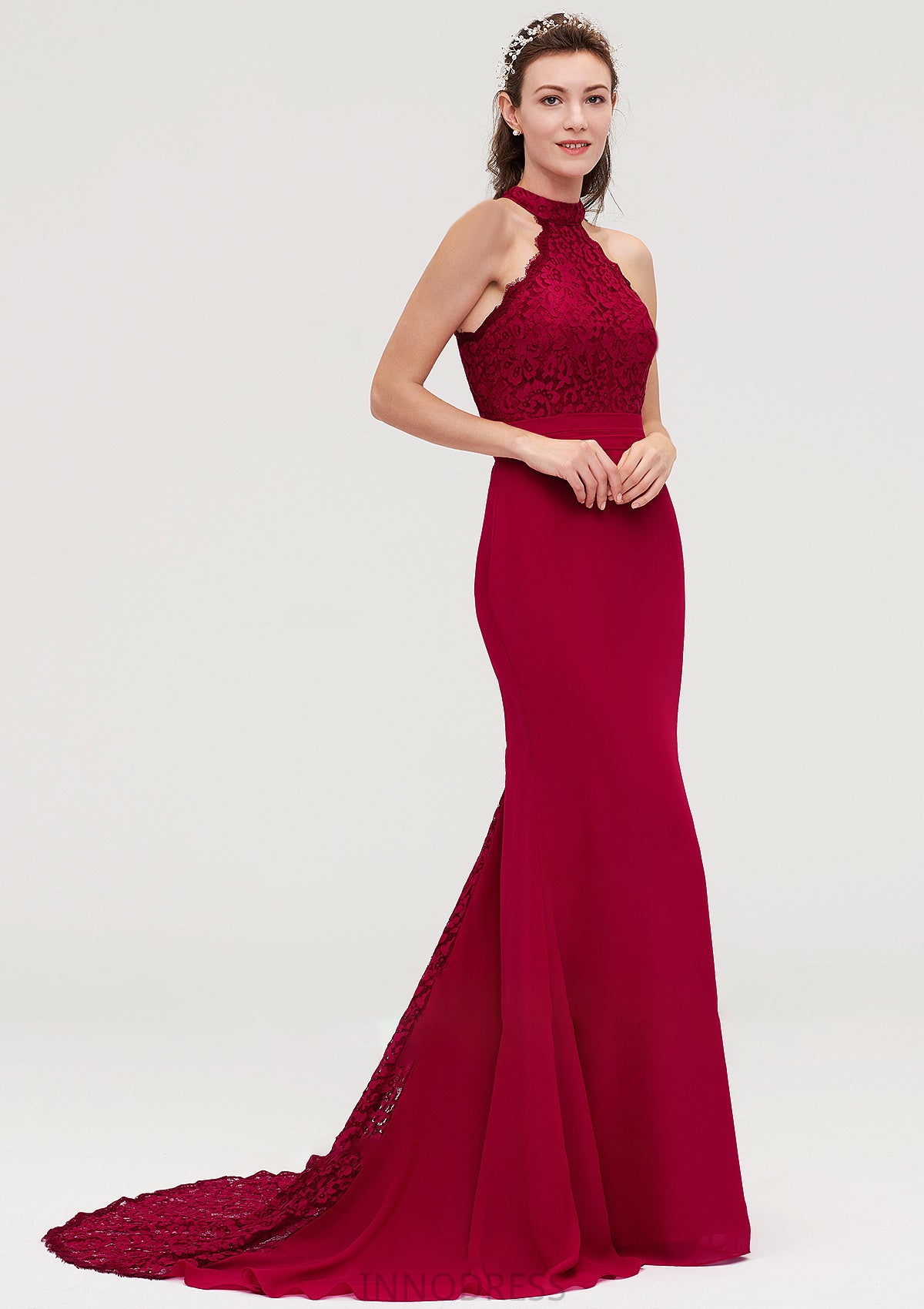 Sleeveless Scoop Neck Court Train Trumpet/Mermaid Chiffon Bridesmaid Dresseses With Lace Cheryl DPP0025417