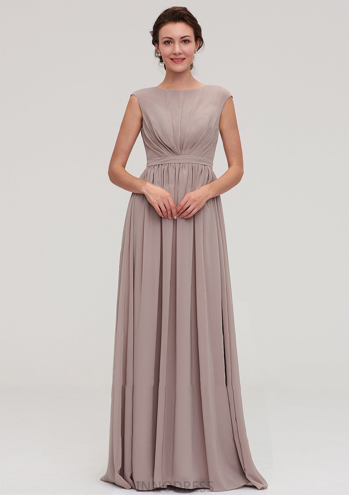 Bateau Sleeveless A-line/Princess Chiffon Long/Floor-Length Bridesmaid Dresses With Pleated Shyann DPP0025420