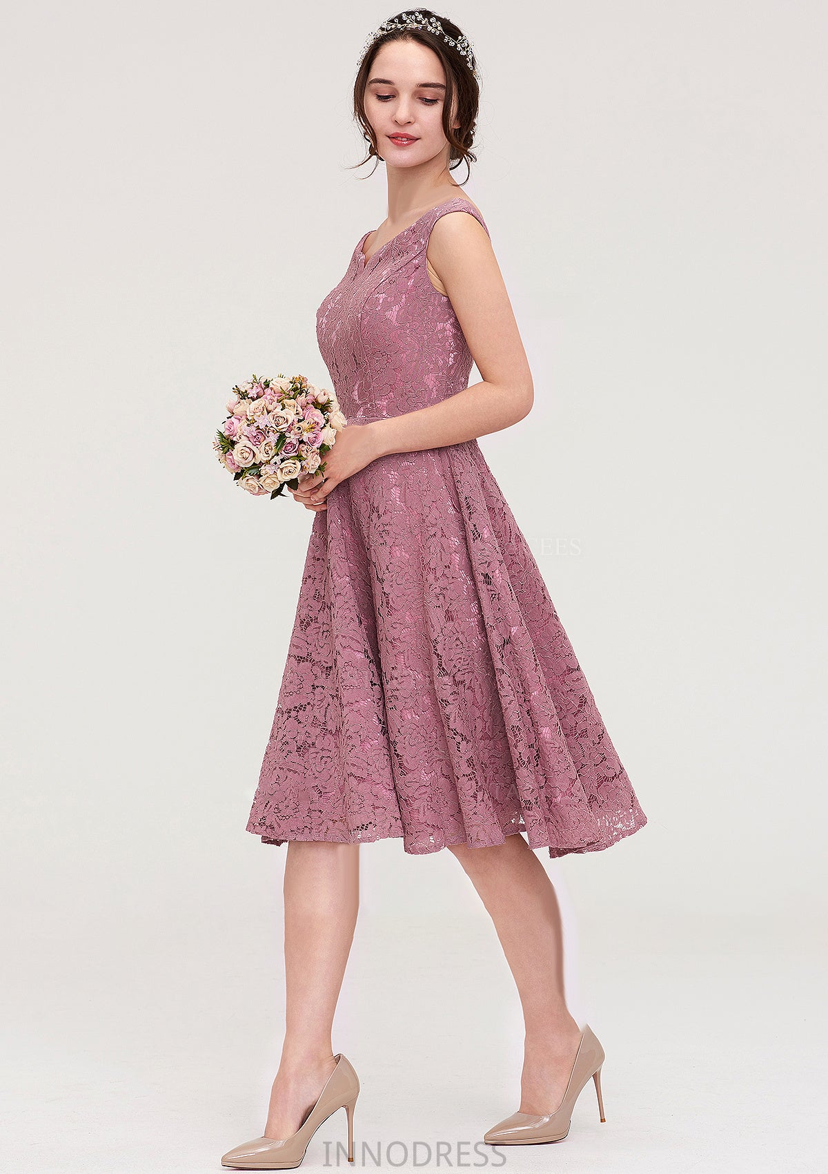 Sweetheart Sleeveless A-line/Princess Lace Knee-Length Bridesmaid Dresses Jaliyah DPP0025421