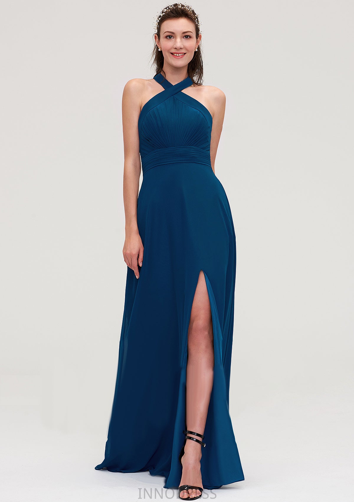 Scalloped Neck Sleeveless A-line/Princess Chiffon Long/Floor-Length Bridesmaid Dresseses With Split Pleated Hana DPP0025424