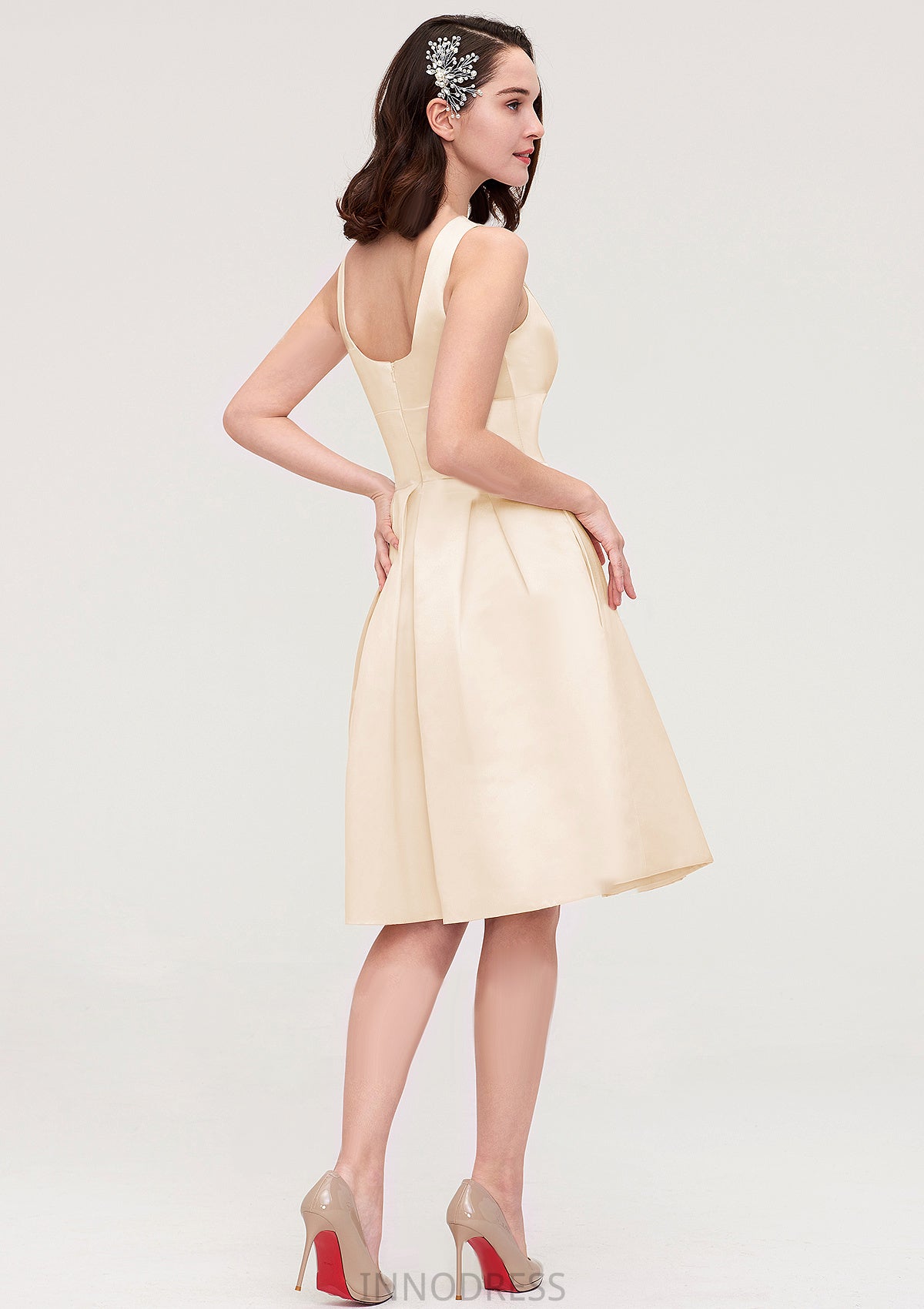 Sleeveless Bateau Knee-Length Satin A-line/Princess Bridesmaid Dresses With Pleated Flowers Meg DPP0025425