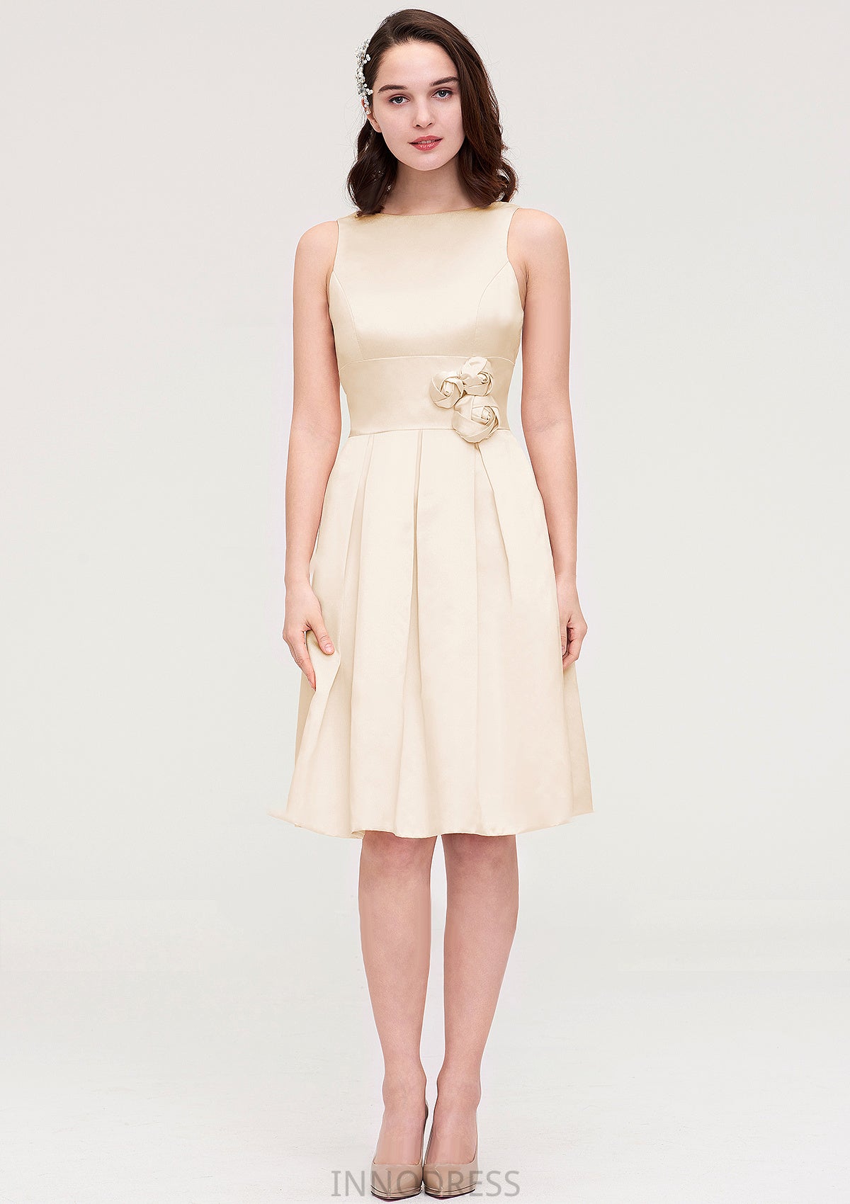 Sleeveless Bateau Knee-Length Satin A-line/Princess Bridesmaid Dresses With Pleated Flowers Meg DPP0025425