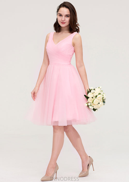 Sleeveless V Neck Knee-Length Tulle A-line/Princess Bridesmaid Dresses With Pleated Tiffany DPP0025426