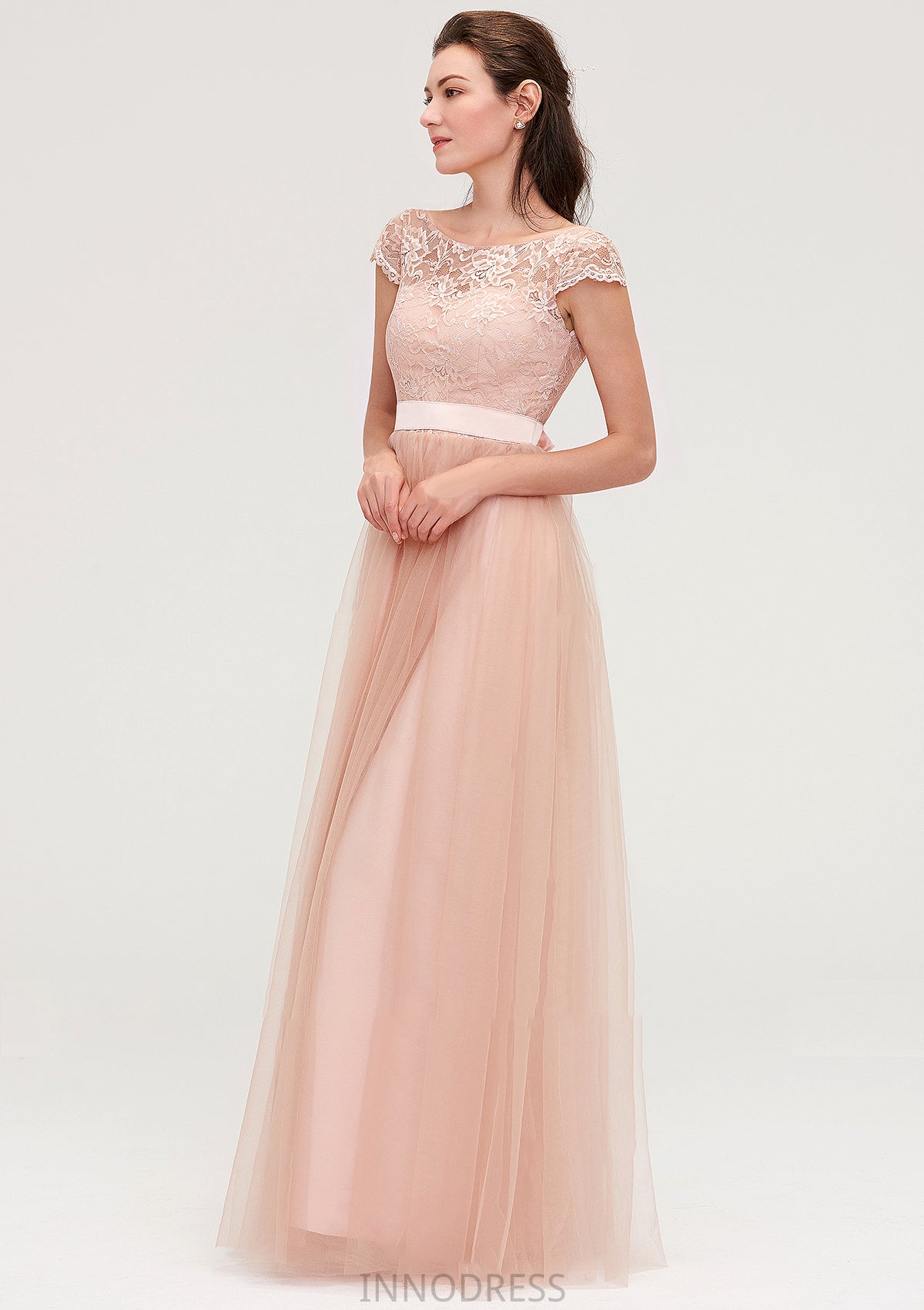 Bateau Sleeveless Tulle A-line/Princess Long/Floor-Length Bridesmaid Dresseses With Sashes Lace Marissa DPP0025427