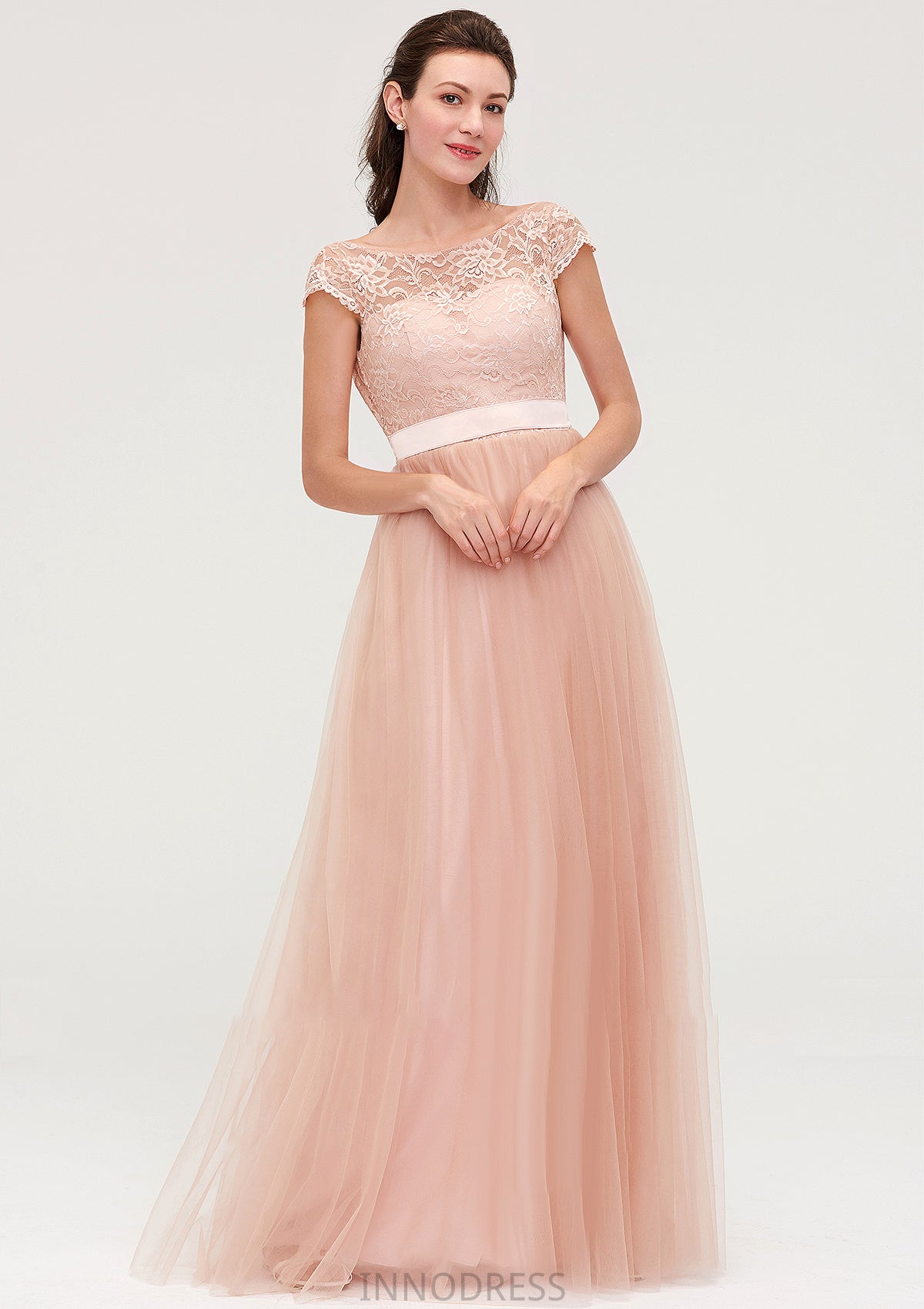 Bateau Sleeveless Tulle A-line/Princess Long/Floor-Length Bridesmaid Dresseses With Sashes Lace Marissa DPP0025427