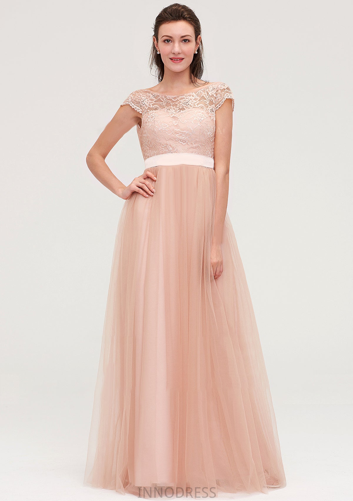 Bateau Sleeveless Tulle A-line/Princess Long/Floor-Length Bridesmaid Dresseses With Sashes Lace Marissa DPP0025427