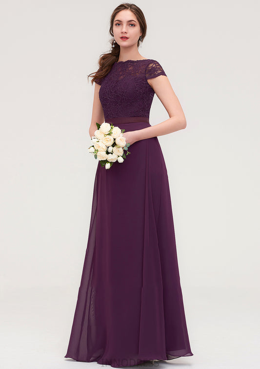 Short Sleeve Bateau Long/Floor-Length  Chiffon A-line/Princess Bridesmaid Dresses With Sashes Lace Quintina DPP0025428